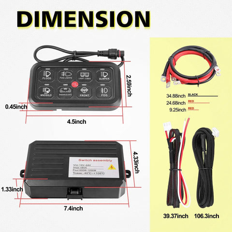 Dimensions of 8 Gang Switch Panel For Trucks, SUVs, UTVs And Boats, with wiring harness, touch panel, and control box.