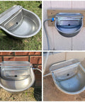 Heavy Duty Stainless Steel Auto Fill Water Bowl With Automatic Float Valve For Dogs And Livestock No Sweat Setup, shown from multiple angles.