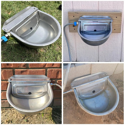 Heavy Duty Stainless Steel Auto Fill Water Bowl With Automatic Float Valve For Dogs And Livestock No Sweat Setup, shown from multiple angles.