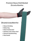 Person holding heavy duty zirconia alumina metal grinding sanding belt, 2x72 inch, 36 grit, for heavy grinding deburring weld removal