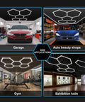 Hexagon LED Shop Lights With Three Level Dimming 25 Pack Beast Brightness Garage Lighting Kit 216W 25920LM installed in various settings