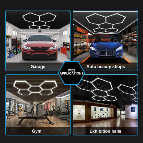 Hexagon LED Shop Lights With Three Level Dimming 25 Pack Beast Brightness Garage Lighting Kit 216W 25920LM installed in various settings