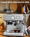 Top Shelf Espresso Machine With Built In Grinder And Creamy Milk Frother, Stainless Steel Coffee Maker for Dope Morning Shots. Close-up view with espresso shots and milk frother.