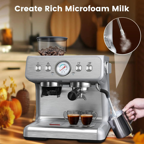 Top Shelf Espresso Machine With Built In Grinder And Creamy Milk Frother, Stainless Steel Coffee Maker for Dope Morning Shots. Close-up view with espresso shots and milk frother.