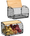 Keep Your Counters Tight With This Solid Stackable Wire Basket Set Designed To Sweep Up Kitchen Clutter While Offering Plenty Of Room For Sorting Fresh Produce Spices And Snacks. Black metal baskets with bamboo tops, one filled with potatoes and onions.