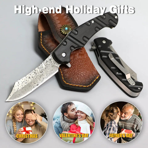 Beefy 67 Layer Damascus Steel Folding Pocket Knife with VG10 Core and G10 Handle, shown with leather sheath and clip.