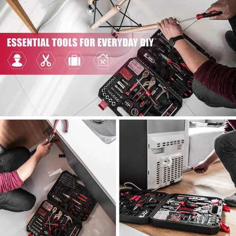 Built Tough 218 Piece Tool Kit For Homeowners And Auto Repair Featuring Heat Treated Chrome Wrenches Sockets Pliers Screwdrivers And Compact Case Black Red
