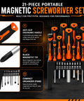 Premium 21-Piece Magnetic Screwdriver Kit With CRV Steel Bits For Torx Phillips Slotted Fastening. Full-Size Precision Drivers Plus Rack Perfect For Tech Repair Furniture Assembly And Tough Household DIY Gigs. 21-piece portable magnetic screwdriver set with organizer stand