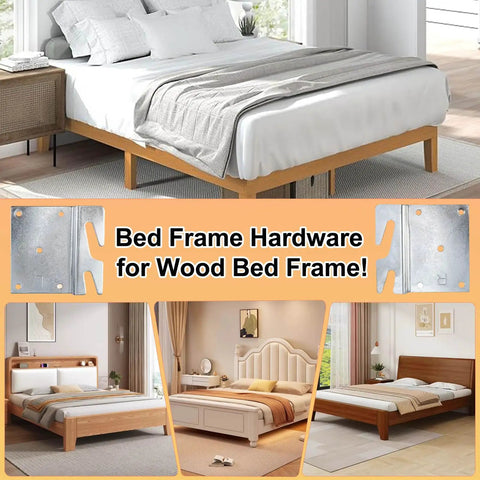 Universal Bed Frame Brackets With Heavy Duty Zinc Coated Iron Bed Rail Hook Plates For Headboard And Footboard Four Piece Hardware Kit Includes Mounting Screws For Dead Easy No Sweat Diy Fixes on a wooden bed frame.