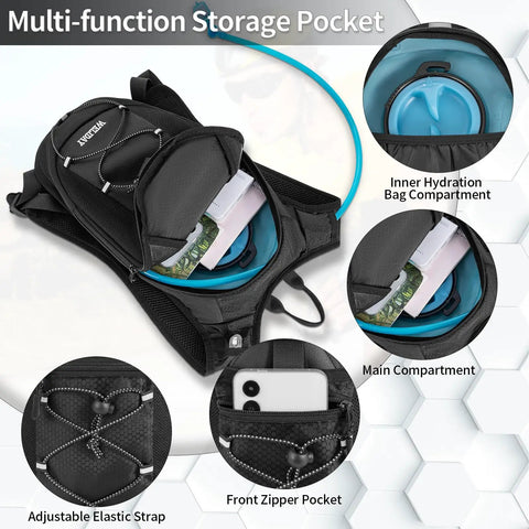 Hydration Backpack With 2L Leak-Proof Water Bladder showing multi-function storage and compartments