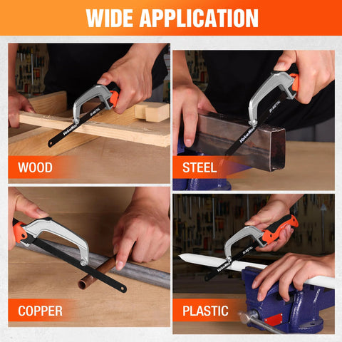 ValueMax mini hacksaw with orange/gray handle and 10-inch bi-metal blade; cuts wood, steel, copper, plastic.