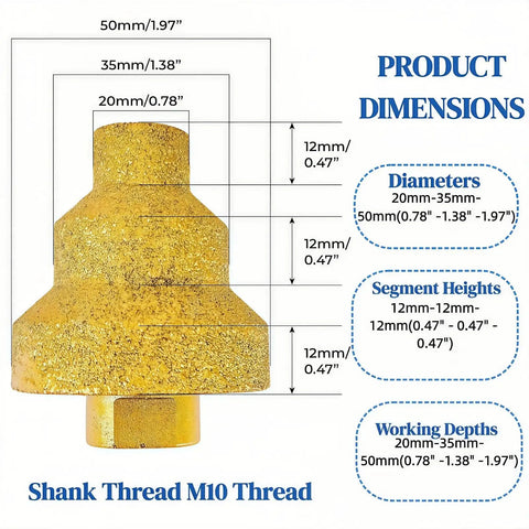 Diamond Step Drill Bit Set With M10 Thread, 20mm 35mm 50mm Three Stage Hole Opener For Tile Concrete Marble Granite Stone