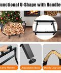 30 Inch Firewood Rack With Log Carrier Bag, U-shaped design, carry handle, adjustable base, indoor fireplace patio use