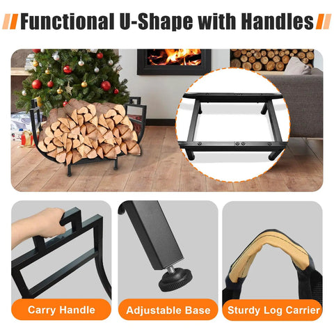 30 Inch Firewood Rack With Log Carrier Bag, U-shaped design, carry handle, adjustable base, indoor fireplace patio use