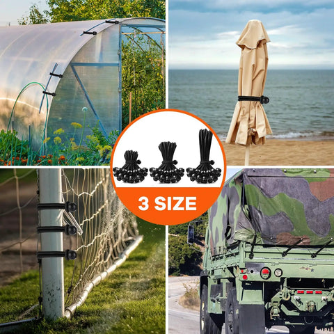 Beefy 120 Pack Ball Bungee Cords Set With 4 Inch 6 Inch And 9 Inch Ball Ends securing tents, umbrellas, netting, and cargo tarp.