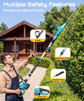 Man using All-In-One Cordless Pole Saw And Hedge Trimmer Kit with 15-Foot Reach on a hedge, showing safety features.