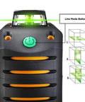Close-up of Self Leveling 360 Degree Green Cross Line Laser Level with Line Mode Button and green beam projection