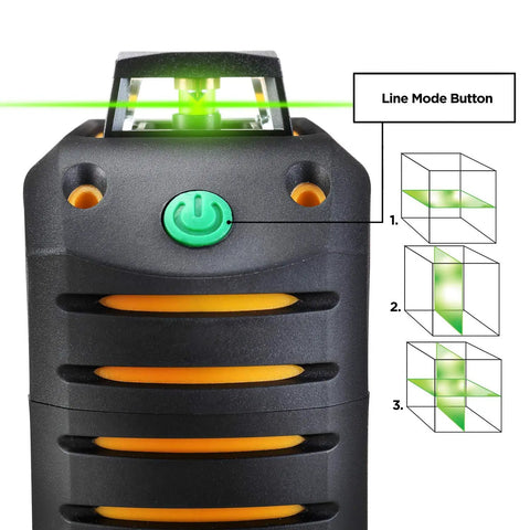 Close-up of Self Leveling 360 Degree Green Cross Line Laser Level with Line Mode Button and green beam projection