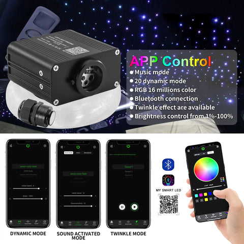 Display of Starlight Headliner Kit For Cars With 300 Fiber Optic Strands, showing app control and twinkle mode features.
