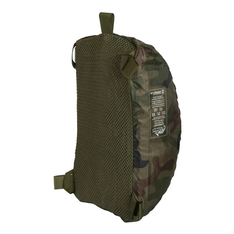 Supertarp Tarp Shelter in Pencott Wildwood Camo with mesh storage bag, waterproof ripstop for overland camping, side view