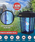 Big Yard Electric Bug Zapper For One Acre Outdoor Space With Dual Lure Method, 40W UV Light And Octenol Attractant, 5600V Kill Grid, Made In USA UL Certified, shown in outdoor setting with insects being attracted to light.
