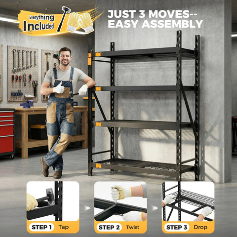 Beefy Heavy Duty Storage Shelves With 6000 Lb Capacity, 61 Inch Wide By 24 Inch Deep By 72 Inch High Industrial Steel Shelving Unit, 1 Mm Main Frame And 4 Mm Solid Wire, Built To Handle Heavy Loads Without Sag, in workshop with easy assembly steps