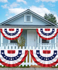 Six Pack 3x6 Ft Pleated American Flag Bunting For Outdoor Decor on house porch and fence, red white and blue patriotic banner
