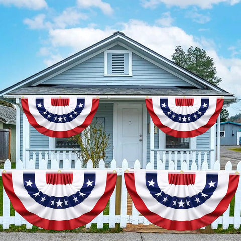 Six Pack 3x6 Ft Pleated American Flag Bunting For Outdoor Decor on house porch and fence, red white and blue patriotic banner
