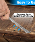Demonstrating Do It All Pry Bar Ten Inch Crowbar With Nail Puller And Scraper Heavy Duty Stainless Steel for prying wood.