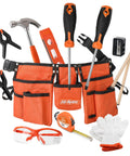Orange 16 Piece Real Tools Kids Tool Kit Set With Child Size Tool Belt showing metal hammer, screwdrivers, and orange tool belt