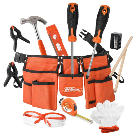 Orange 16 Piece Real Tools Kids Tool Kit Set With Child Size Tool Belt showing metal hammer, screwdrivers, and orange tool belt