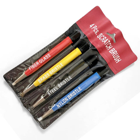 Scratch Brush Pen Set With Replacement Tips For Rust Corrosion Jewelry Circuit Boards And Auto Body Work All In One Go To 8 Piece Kit Featuring Brass Steel Nylon And Fiberglass Bristles And Flexible Length End Cap showing four color-coded pens.