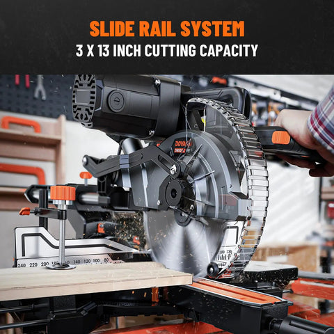 Slick 10 Inch Dual Bevel Sliding Compound Miter Saw With A Hella Beefy 15 Amp Motor And Smooth Gliding Rail System close-up view of slide rail system.