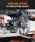Heavy Duty 10 Inch Dual Bevel Sliding Miter Saw With 15 Amp Motor And Three Carbide Blades For Dead Nuts Precision Cuts Featuring Shadow Line Lighting And Nine Quick Stops For Ripping Through Lumber Like Butter This Weekend showing slide rail system with 3 x 13 inch cutting capacity on wood.
