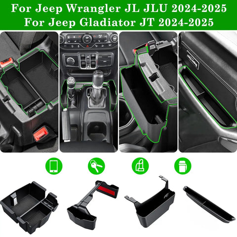 Center Console Organizer For Jeep Wrangler JL JLU 2024 2025 2026 And Gladiator JT 4 Piece Kit displayed in vehicle interior