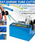 Fully Automatic Heat Shrink Tube Cutter Machine With Lcd Display 300W Electric Cable Cutting Tool Precision 0.1Mm Accuracy Wide 0-100mm Cutting Width For Pro Electrical Wiring Jobs And Heavy Duty Use with colorful tubes and LCD screen.