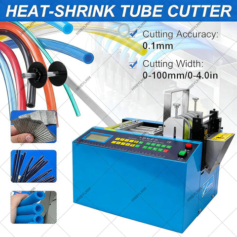 Fully Automatic Heat Shrink Tube Cutter Machine With Lcd Display 300W Electric Cable Cutting Tool Precision 0.1Mm Accuracy Wide 0-100mm Cutting Width For Pro Electrical Wiring Jobs And Heavy Duty Use with colorful tubes and LCD screen.