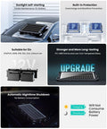 Collage of 9W Solar Battery Trickle Charger And Maintainer Kit, showing features, car roof install, and battery compatibility
