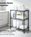 Heavy Duty 3 Tier Wire Shelving Rack, Adjustable Freestanding Storage Organizer for laundry room, sturdy steel design with cleaning supplies.