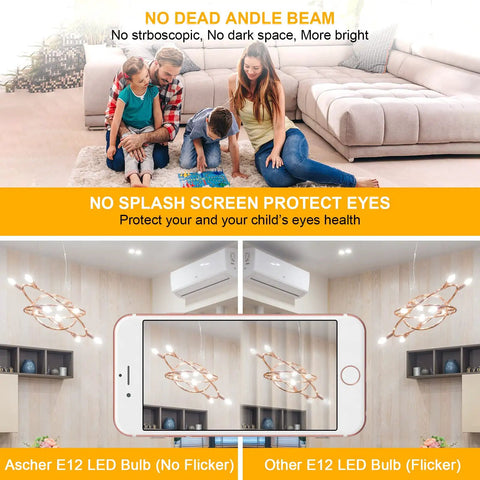 Family in living room with 60W Equivalent LED Filament Candelabra Bulbs E12, Daylight White 5000K, no flicker comparison