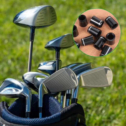 Black Golf Ferrule Set For Irons 12 Pack 0.335 Inch Tip Shaft Sleeve Adapter Durable Plastic Ferrules With Silver Ring All Iron Shaft Compatible Golf Club Accessories, shown with golf clubs