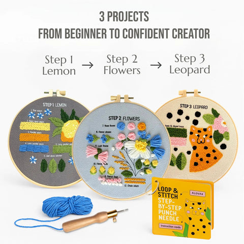 Beginner Punch Needle Kit With 14 Stitches Learn And Create A Simple DIY Embroidery Project For Adults Includes Hoop Monks Cloth Yarn Needle Practice Cards And Video Tutorial For Quick Fun Craft, featuring floral and animal designs on hoops