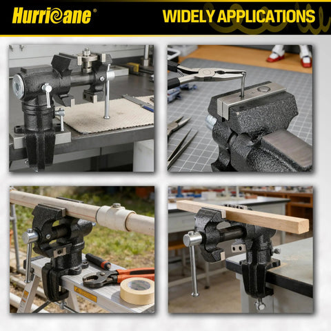 Dual Jaws Table Vise With 2.5 Inch Jaw Width, 360 Degree Swivel Base, Clamp On Vise For Woodworking, Pipe Repair, Sharpening, Grinding And Cutting, Portable Bench Vise For Home Shop on bench and pipe
