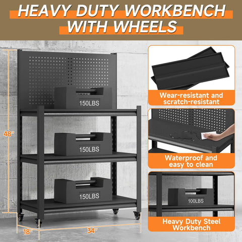 Heavy Duty Steel Workbench With Pegboard On Wheels For Garage And Workshop Built Tough Adjustable Height Tool Table Rugged Metal Work Bench 48 Inch By 34 Inch By 18 Inch Black shown with weight capacity labels and feature highlights
