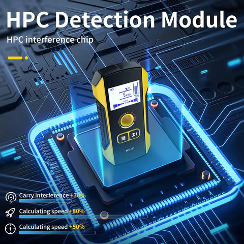 Electronic Studs Finder Handheld Wall Scanner for Wood Metal Studs Detection Detector Color Display on tech background.