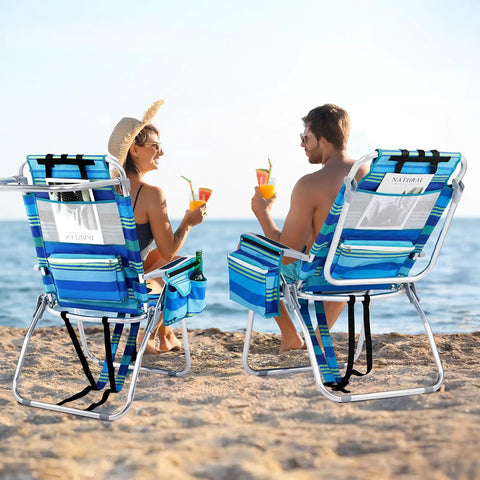 Two people relaxing on 16 Inch Tall Beach Chairs For Adults 2 Pack Lightweight Backpack Camp Chairs with 5 Positions, ocean view