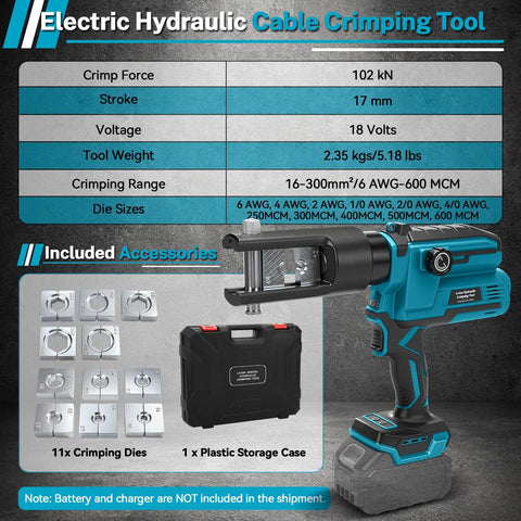Heavy Duty Cordless Hydraulic Crimping Tool Compatible With Makita 18V Battery Including Eight Swappable Dies Electric Cable Lug Crimper For Copper Aluminum Terminals Up To Two Zero Awg Rock Solid with included dies and case.