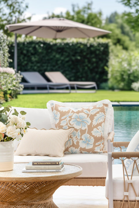 Coastal Lumbar Pillow Cover 12x20 Inches, Water-Repellent Indoor Outdoor on patio sofa with neutral tan stripe pattern