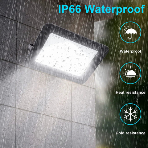 Hella Bright 50W LED Flood Lights Outdoor 5000 Lumens IP66 Waterproof Plug In Security Floodlights 6000K on wall in rain