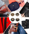 Leather Snaps And Fasteners Kit 15mm Metal Snap Button Kit With 4 Installation Tools Heavy Duty Brass Rivets Replacement For Clothing Hats Jackets Jeans Canvas And More Bronze shown in various uses on jackets, bags, and belts.